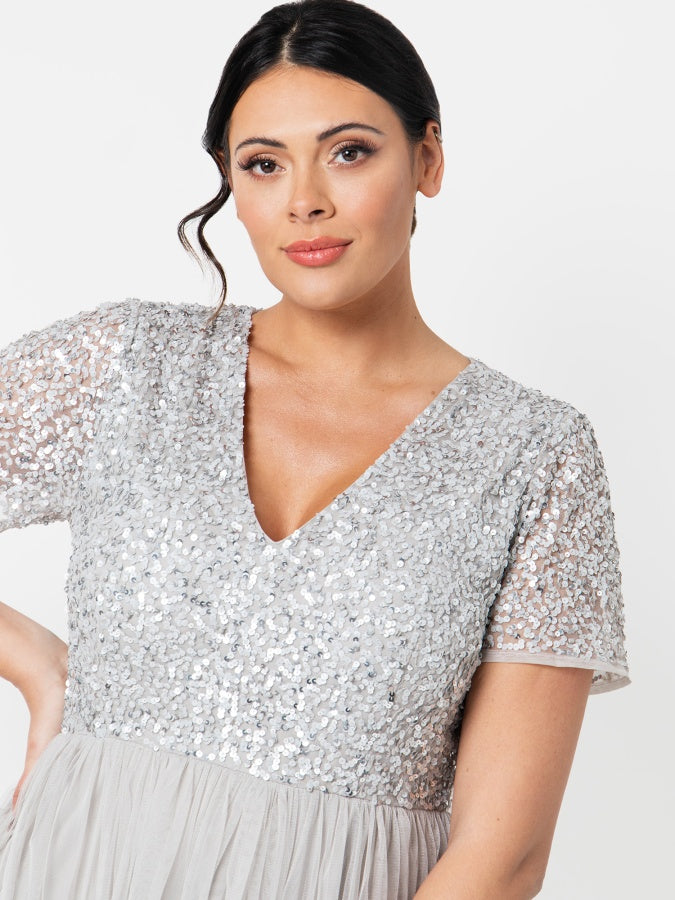 Maya Soft Grey V Neckline Embellished Midi Dress