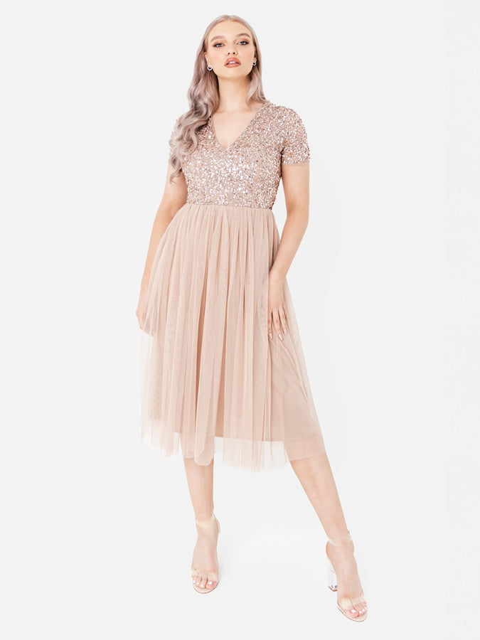 Maya Taupe Blush V Neckline Embellished Midi Dress