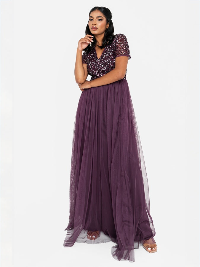 Maya Berry V Neckline Embellished Maxi Dress