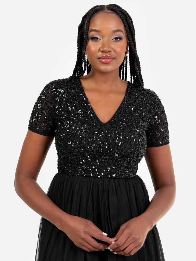 Maya Black V Neckline Embellished Maxi Dress