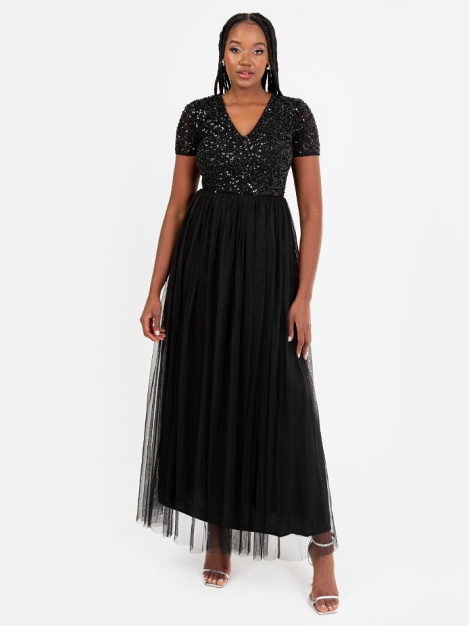 Maya Black V Neckline Embellished Maxi Dress