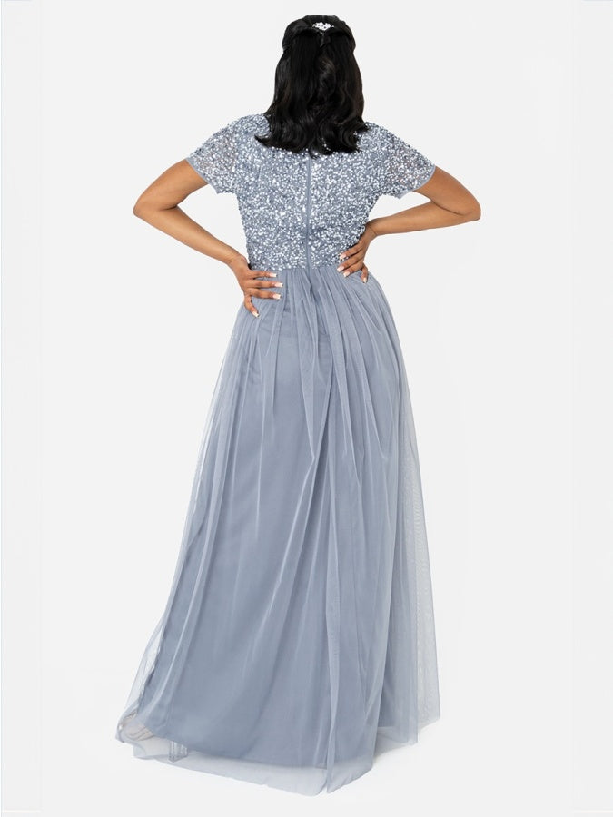 Maya Dusty Blue V Neckline Embellished Maxi Dress