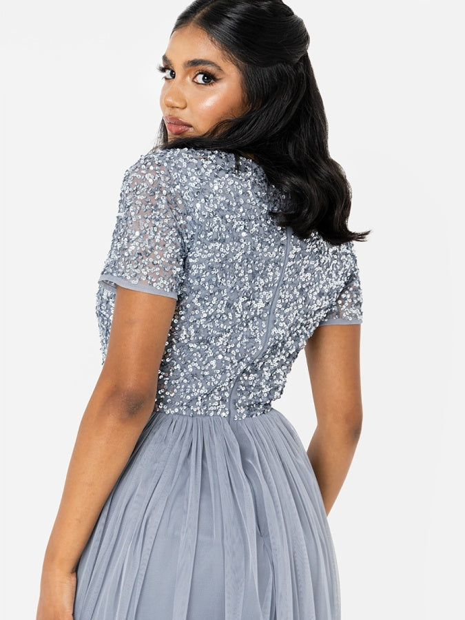 Maya Dusty Blue V Neckline Embellished Maxi Dress