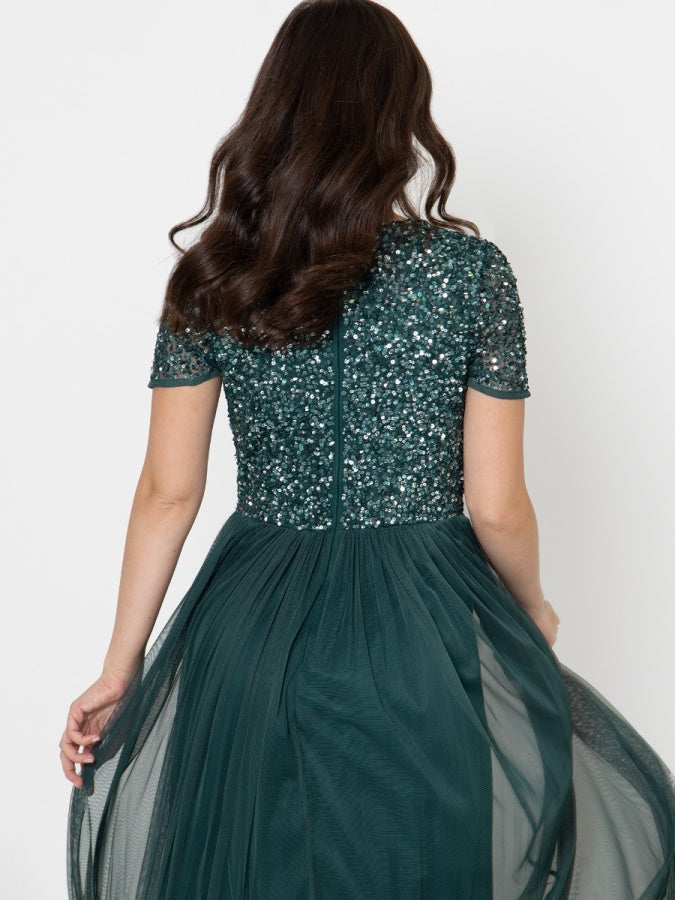 Maya Emerald Green Short Sleeve V Neckline Embellished Maxi Dress