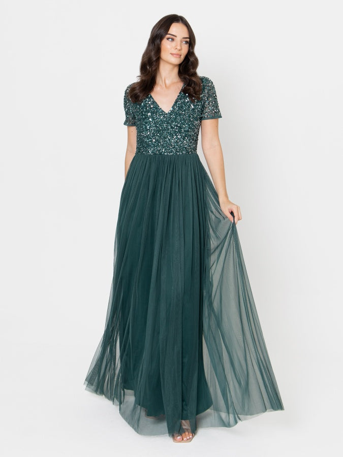 Maya Emerald Green Short Sleeve V Neckline Embellished Maxi Dress