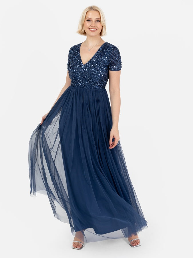 Maya French Navy V Neckline Embellished Maxi Dress
