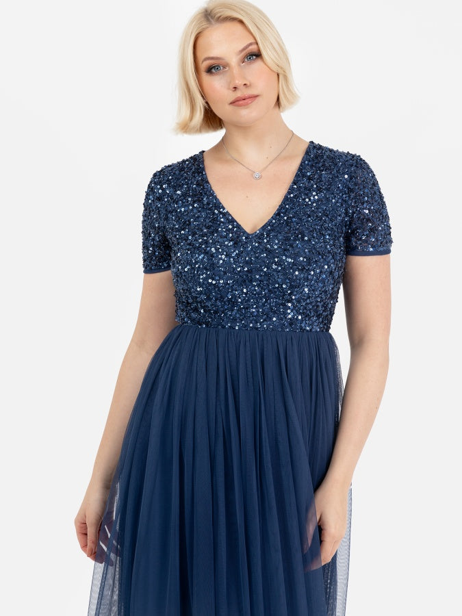 Maya French Navy V Neckline Embellished Maxi Dress