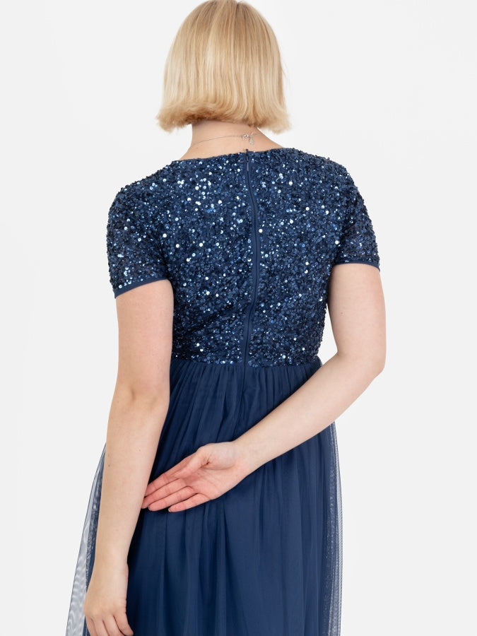 Maya French Navy V Neckline Embellished Maxi Dress