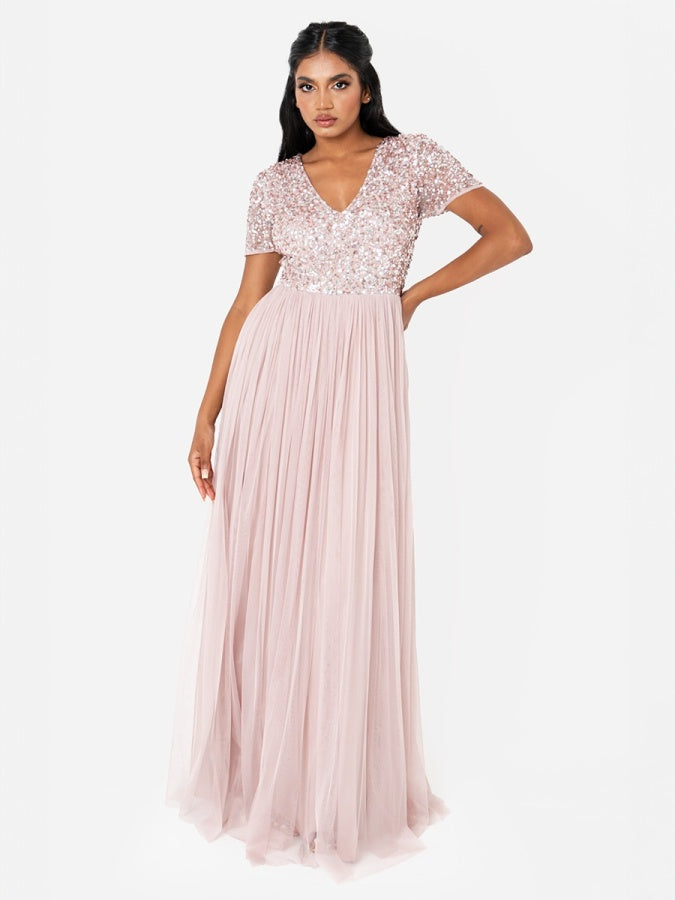 Maya Frosted Pink V Neckline Embellished Maxi Dress