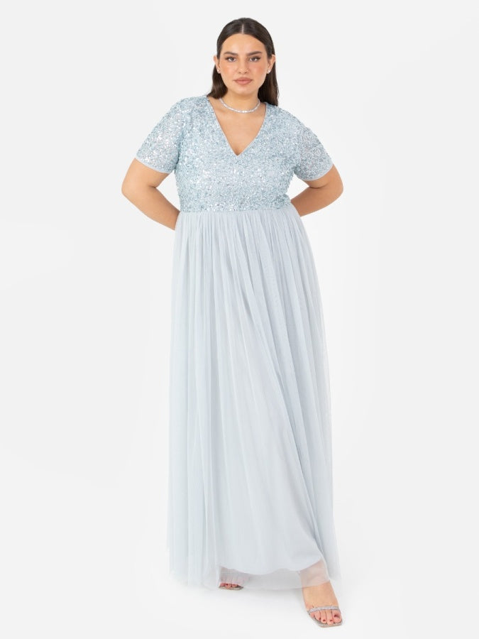 Maya Pale Blue V Neckline Embellished Maxi Dress