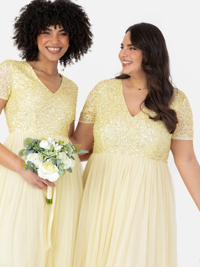 Maya Pale Yellow V Neckline Embellished Maxi Dress