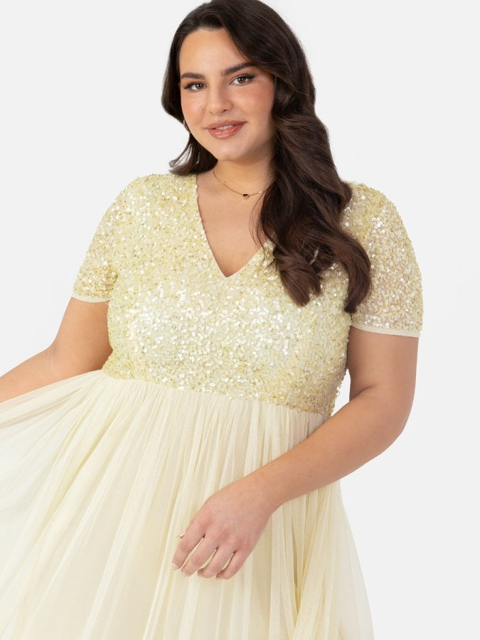 Maya Pale Yellow V Neckline Embellished Maxi Dress