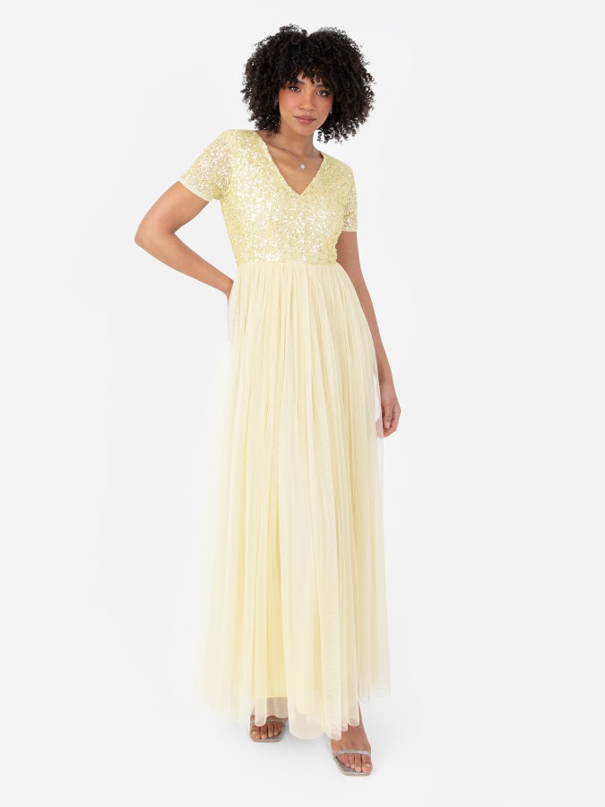 Maya Pale Yellow V Neckline Embellished Maxi Dress