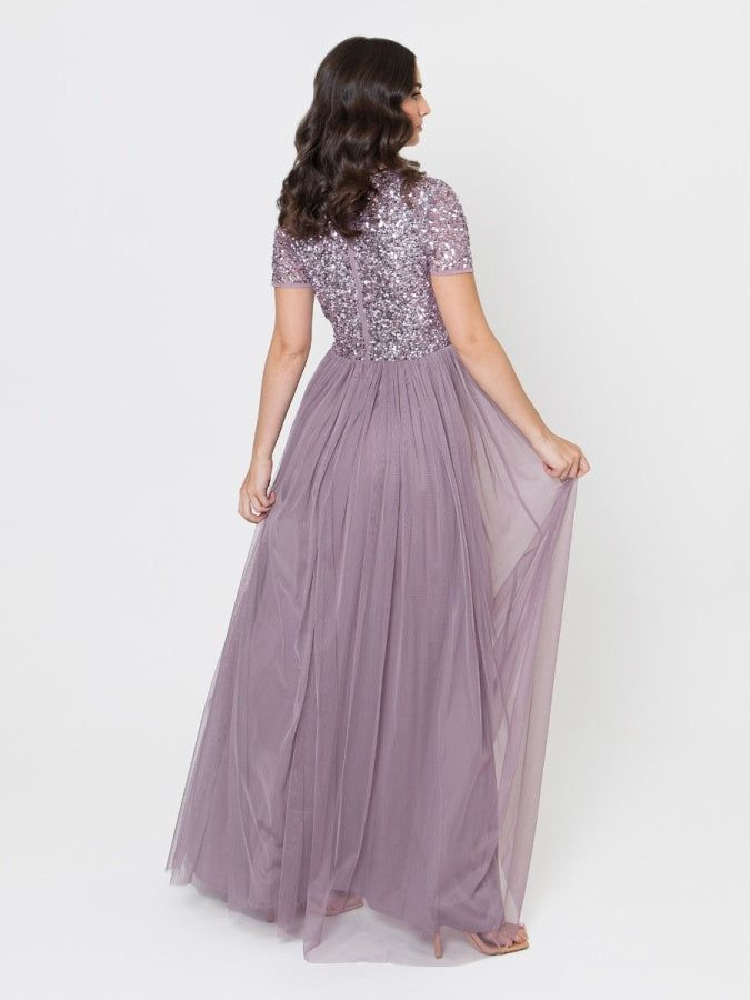 Maya Moody Lilac Short Sleeve V Neckline Embellished Maxi Dress