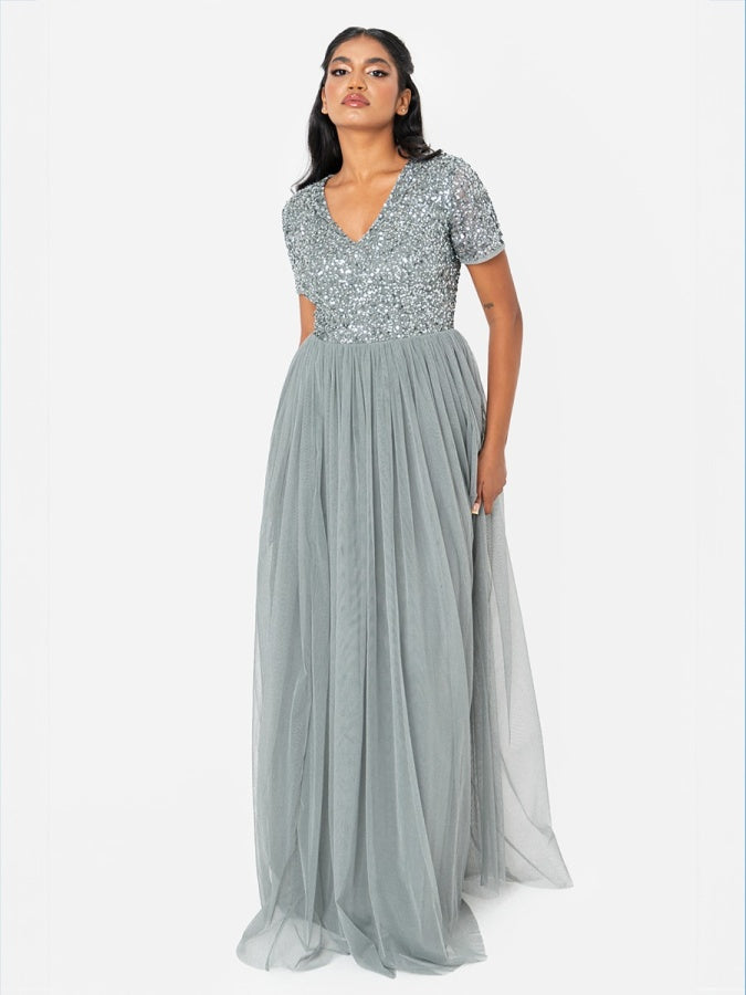 Maya Misty Green V Neckline Embellished Maxi Dress