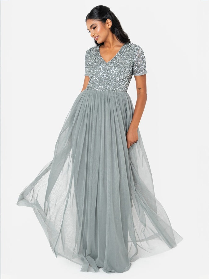 Maya Misty Green V Neckline Embellished Maxi Dress