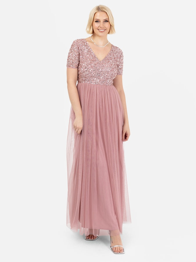 Maya Dusty Pink V Neckline Embellished Maxi Dress