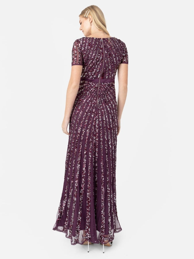 Maya Berry Short Sleeve Stripe Embellished Maxi Dress