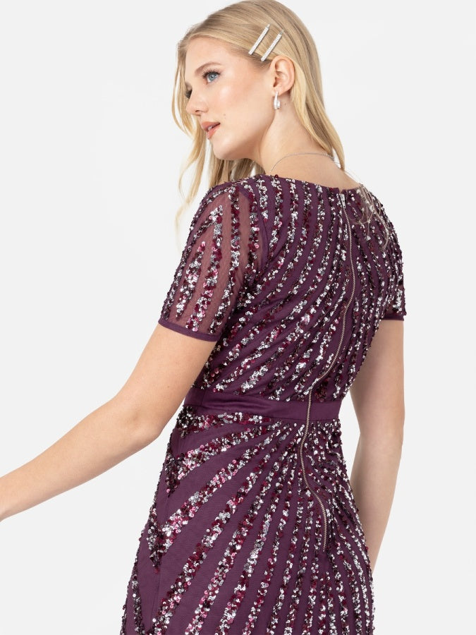 Maya Berry Short Sleeve Stripe Embellished Maxi Dress