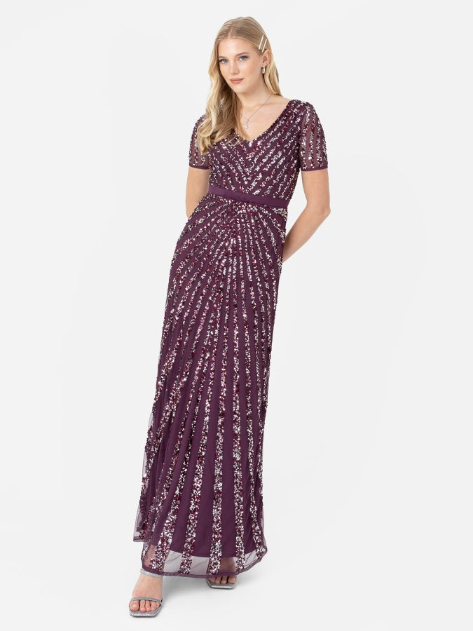 Maya Berry Short Sleeve Stripe Embellished Maxi Dress