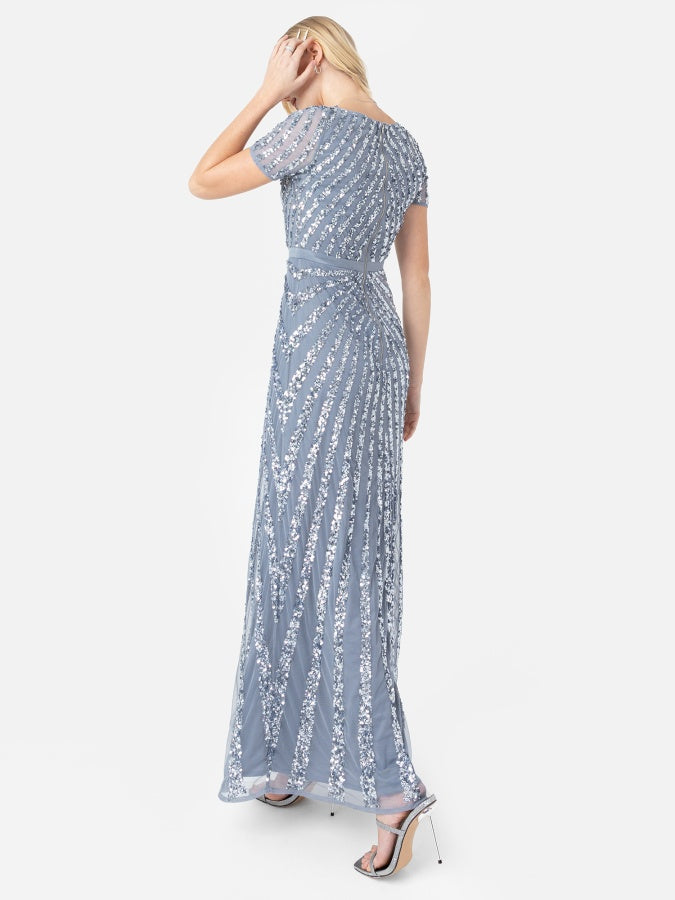 Maya Dusty Blue Short Sleeve Stripe Embellished Maxi Dress
