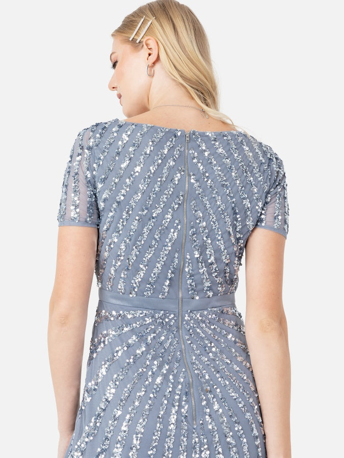 Maya Dusty Blue Short Sleeve Stripe Embellished Maxi Dress