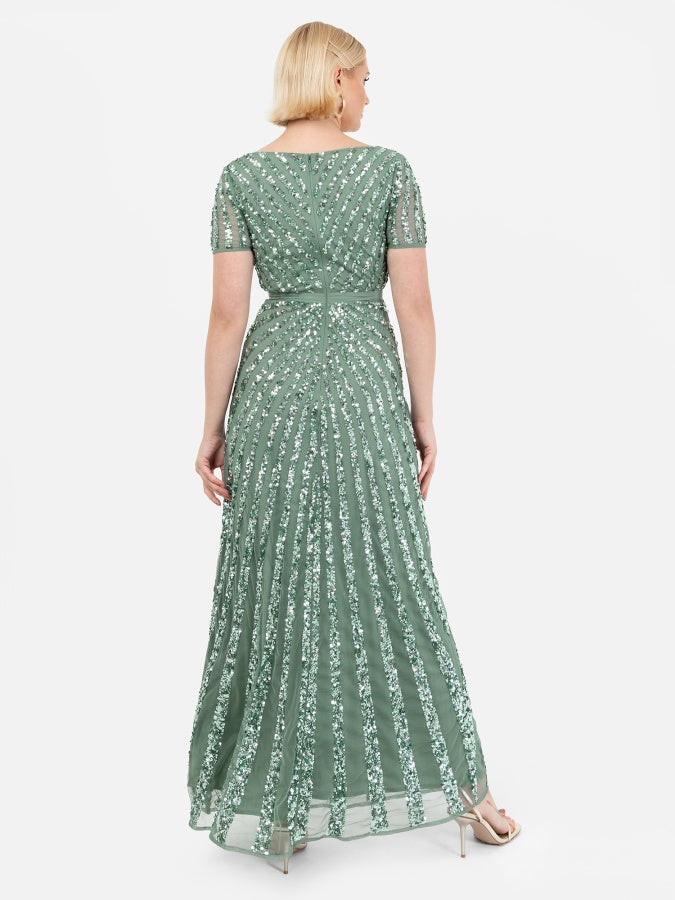Maya Dark Sage Green Short Sleeve Stripe Embellished Maxi Dress