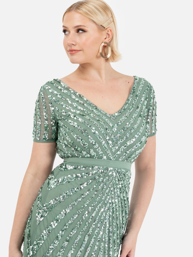 Maya Dark Sage Green Short Sleeve Stripe Embellished Maxi Dress