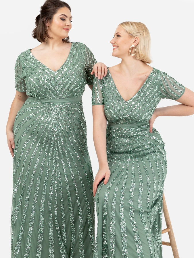 Maya Dark Sage Green Short Sleeve Stripe Embellished Maxi Dress