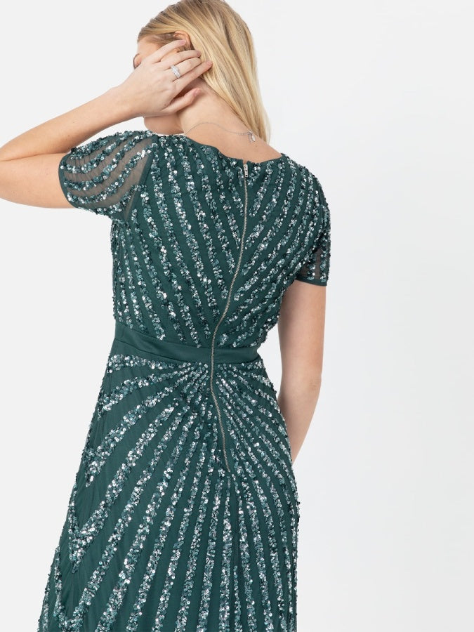 Maya Emerald Green Short Sleeve Stripe Embellished Maxi Dress
