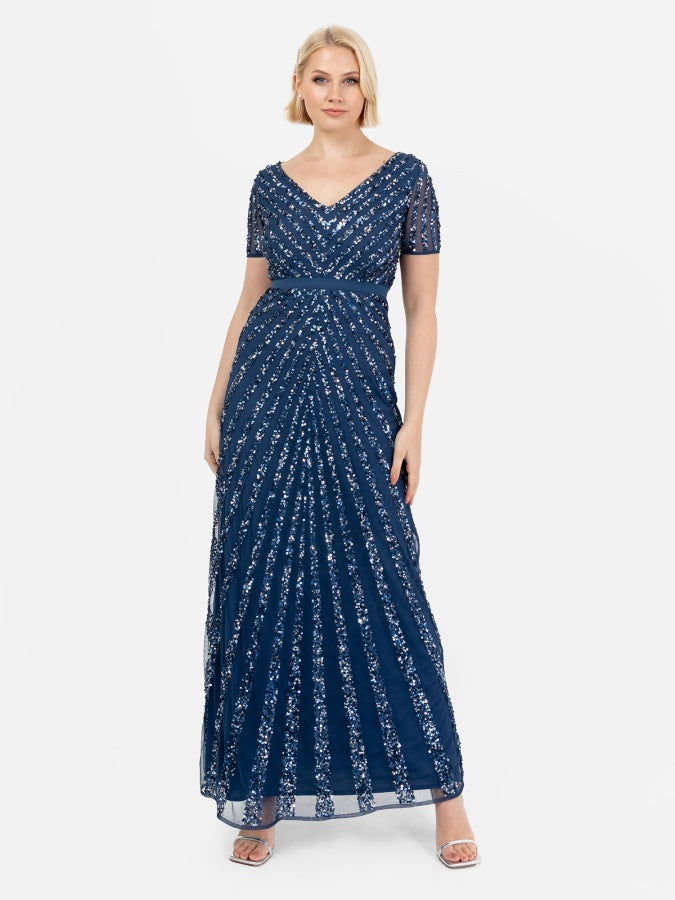 Maya French Navy Short Sleeve Stripe Embellished Maxi Dress