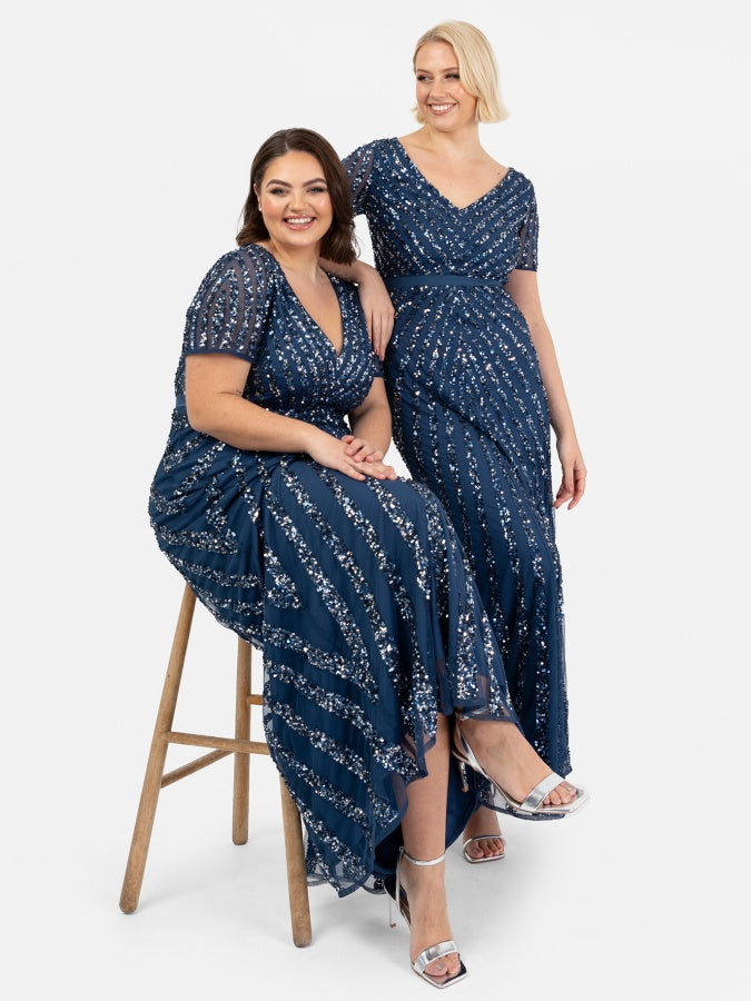 Maya French Navy Short Sleeve Stripe Embellished Maxi Dress