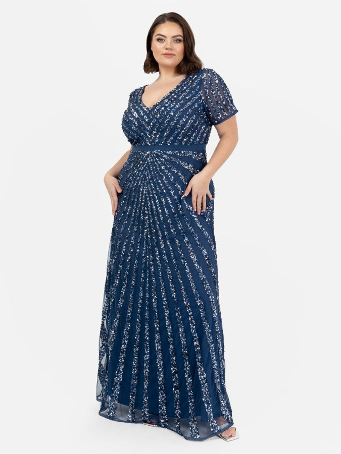 Maya French Navy Short Sleeve Stripe Embellished Maxi Dress