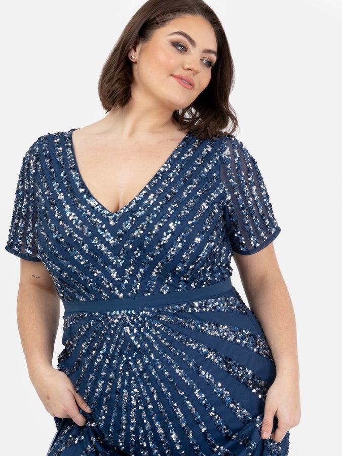 Maya French Navy Short Sleeve Stripe Embellished Maxi Dress