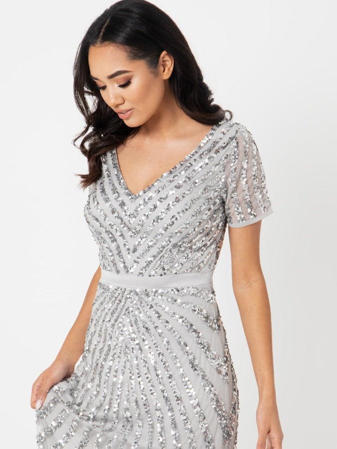 Maya Soft Grey Short Sleeve Stripe Embellished Maxi Dress