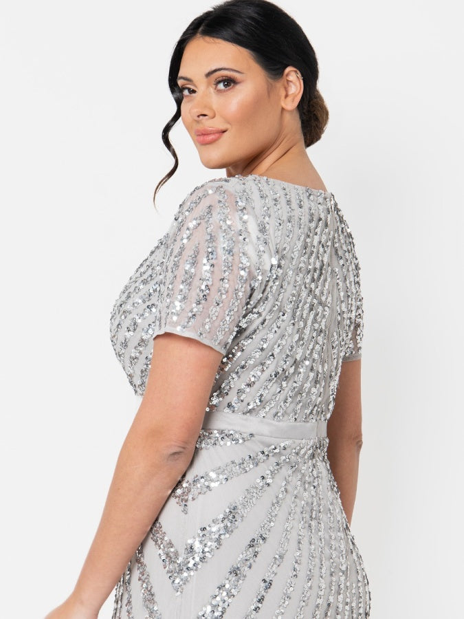 Maya Soft Grey Short Sleeve Stripe Embellished Maxi Dress