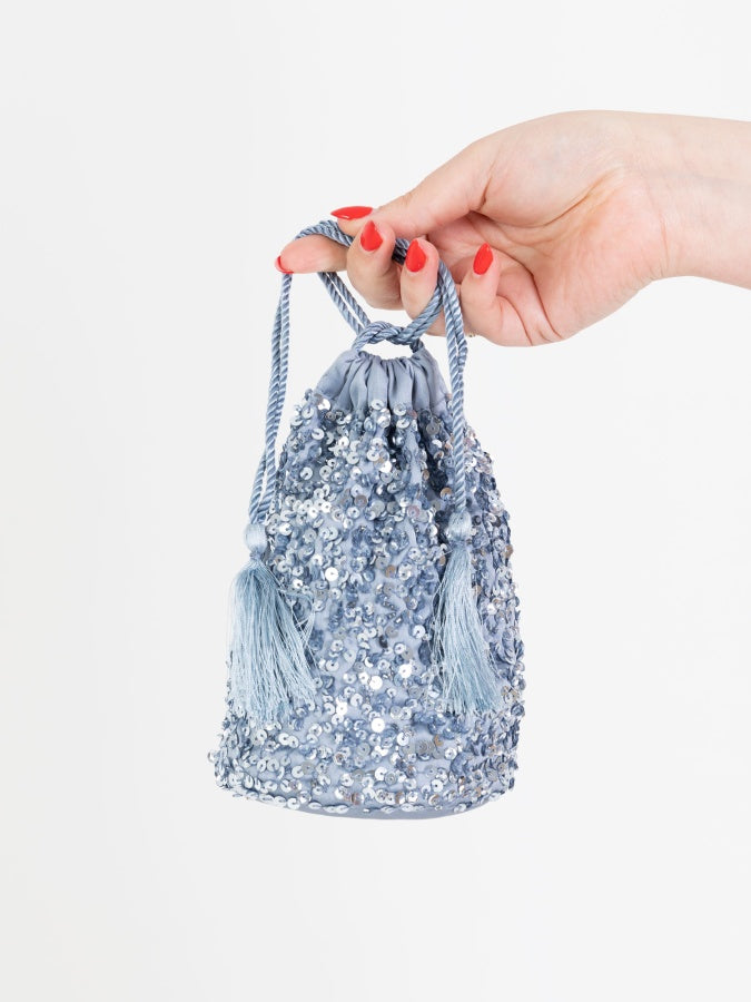 Maya Dusty Blue Embellished Drawstring Purse