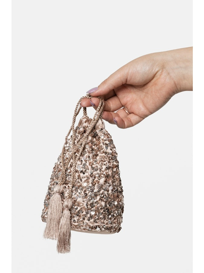 Maya Taupe Blush Embellished Drawstring Purse