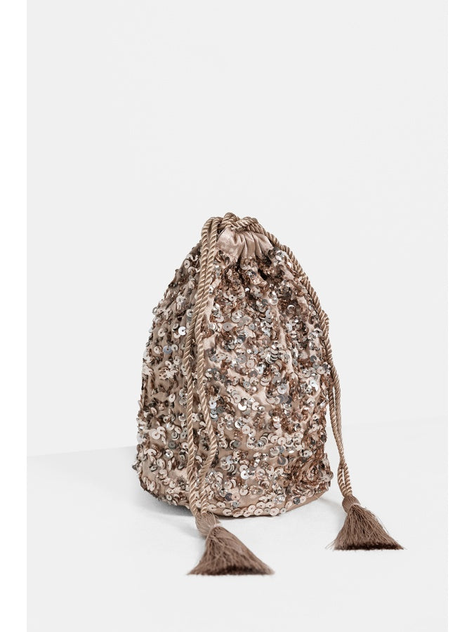 Maya Taupe Blush Embellished Drawstring Purse