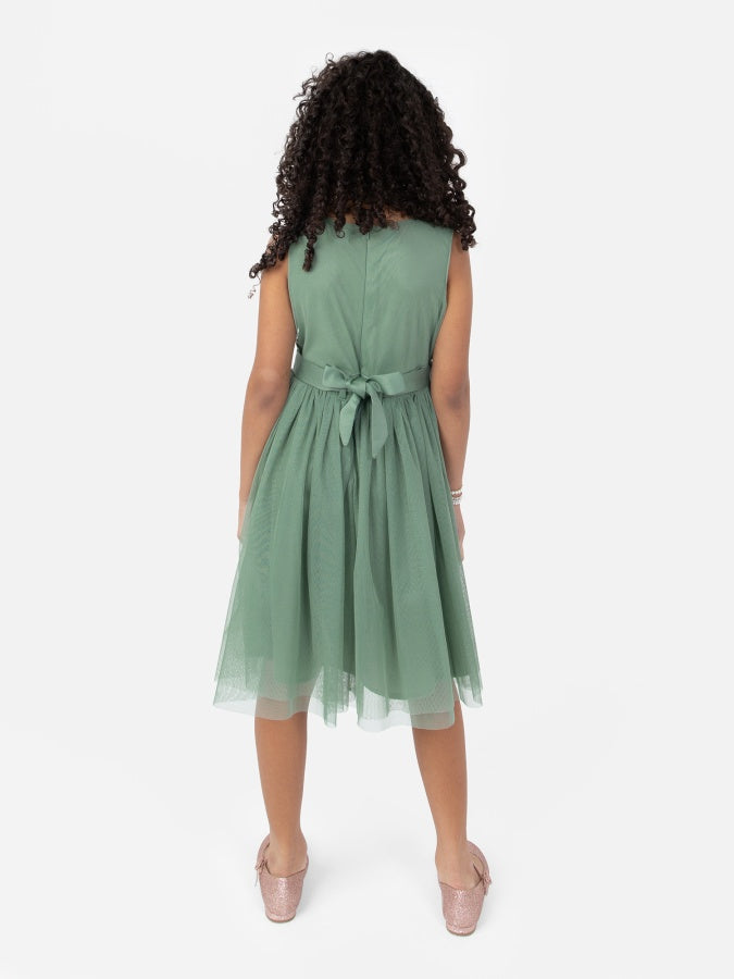 Mini Maya Dark Green Delicate Sequin Midi Dress With Bow