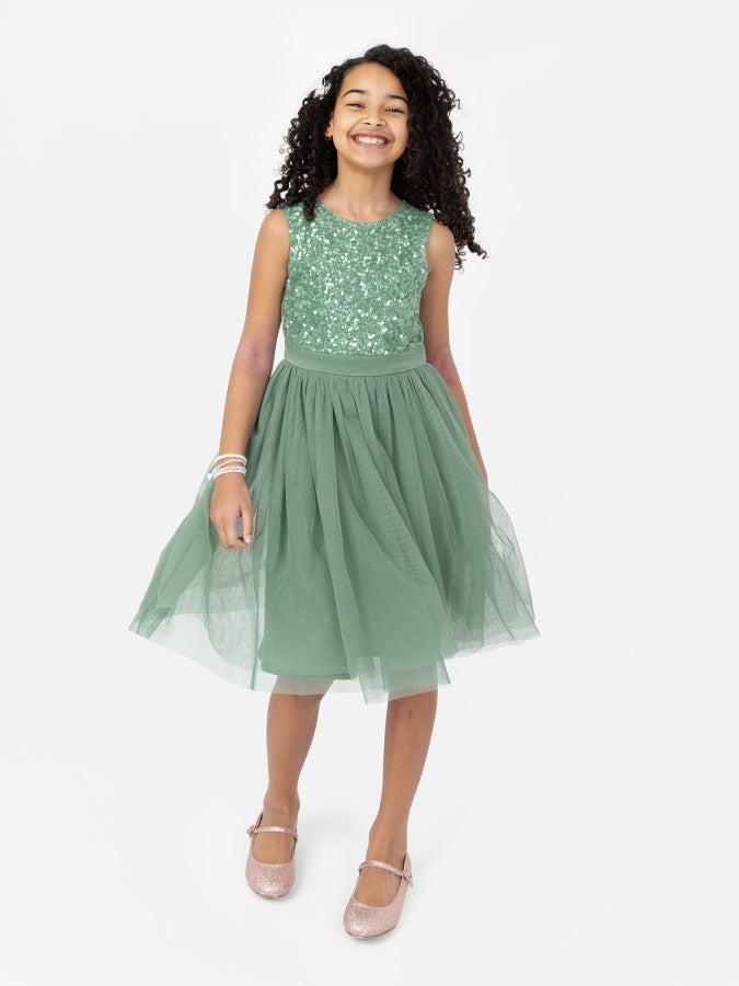 Mini Maya Dark Green Delicate Sequin Midi Dress With Bow