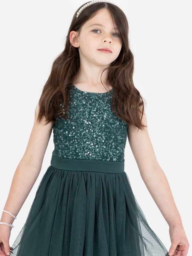 Mini Maya Emerald Green Delicate Sequin Midi Dress With Bow