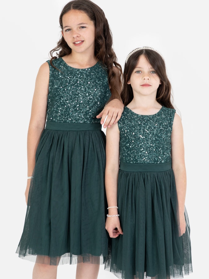 Mini Maya Emerald Green Delicate Sequin Midi Dress With Bow