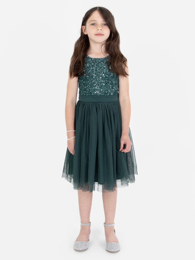 Mini Maya Emerald Green Delicate Sequin Midi Dress With Bow