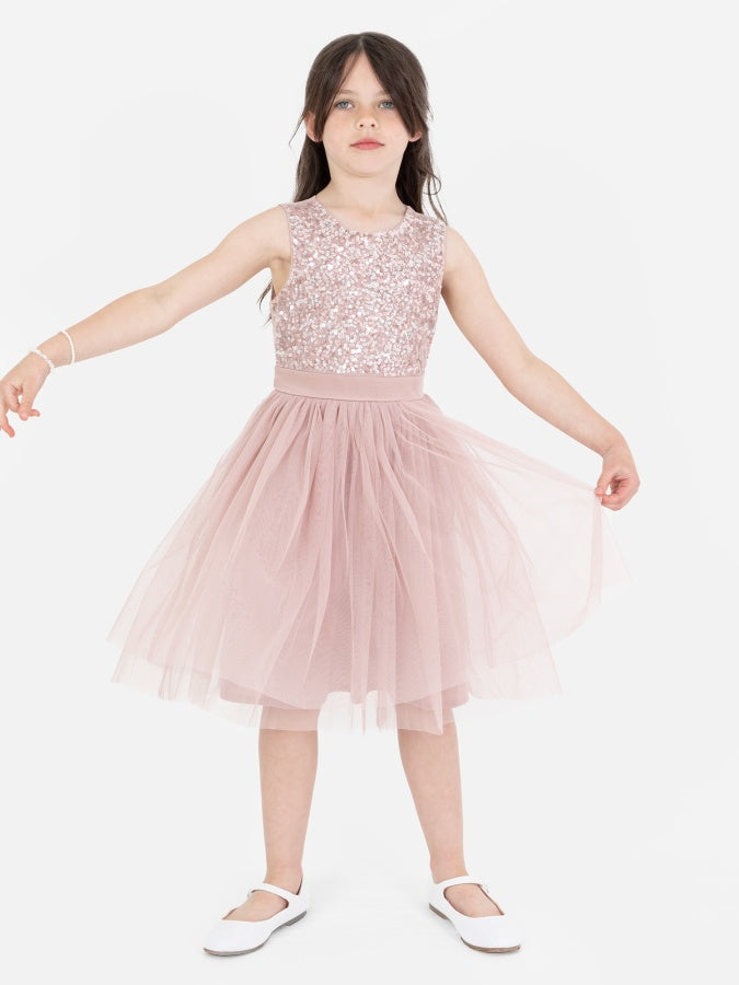 Mini Maya Frosted Pink Delicate Sequin Midi Dress with Bow