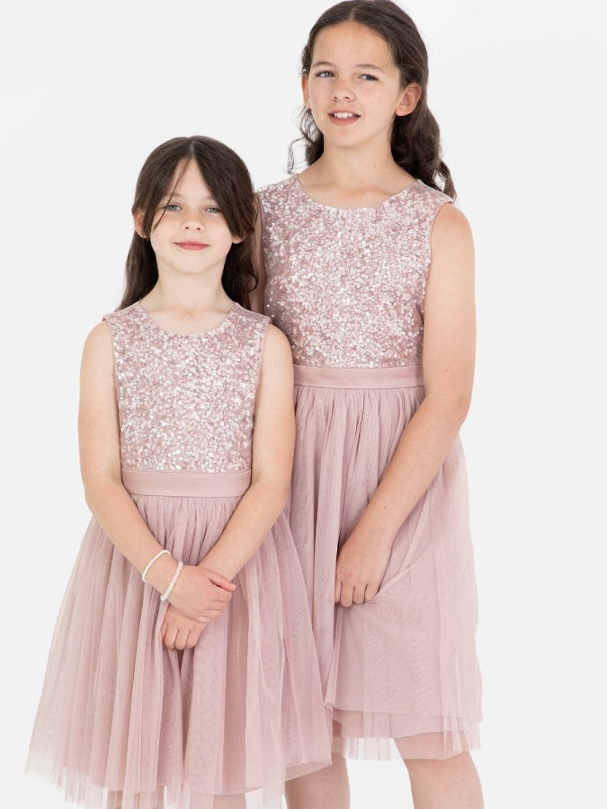 Mini Maya Frosted Pink Delicate Sequin Midi Dress with Bow