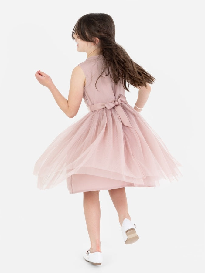 Mini Maya Frosted Pink Delicate Sequin Midi Dress with Bow