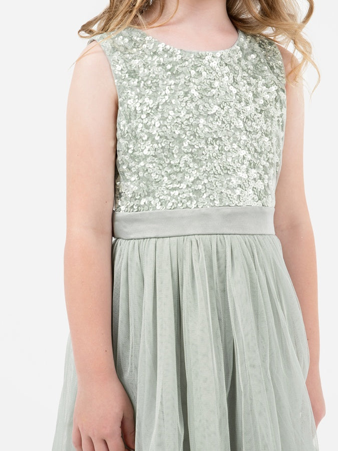 Mini Maya Sage Green Delicate Sequin Midi Dress with Bow