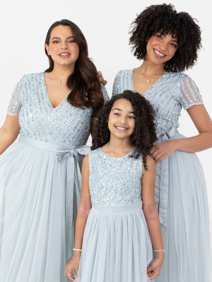 Mini Maya Pale Blue Delicate Sequin Midi Dress With Bow