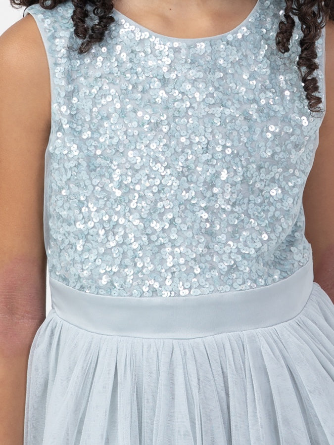 Mini Maya Pale Blue Delicate Sequin Midi Dress With Bow